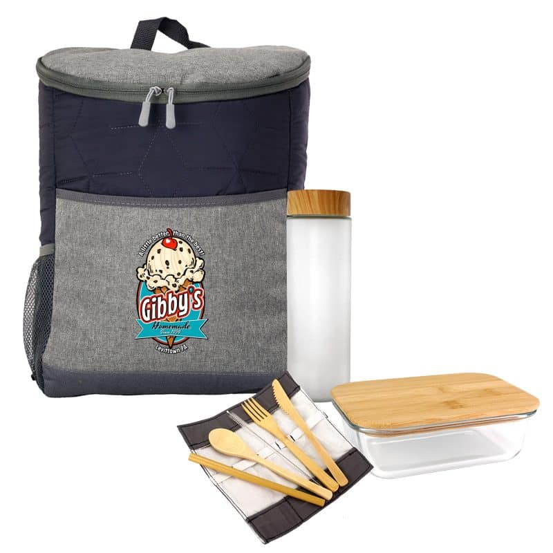 Custom Quilted Bamboo Lunch and Drink Cooler Set with Company Logo - Personalized Bulk Corporate Gift