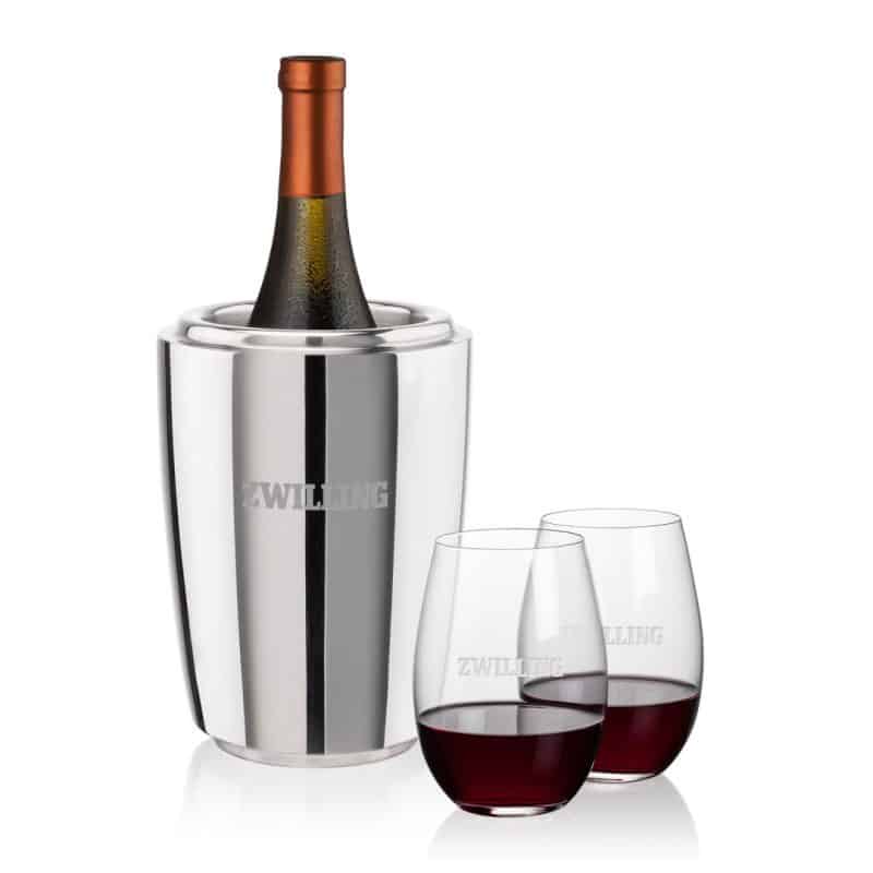 Custom Pescara Wine Cooler & Laurent Stemless Wine Set with Company Logo - Personalized Bulk Corporate Gift