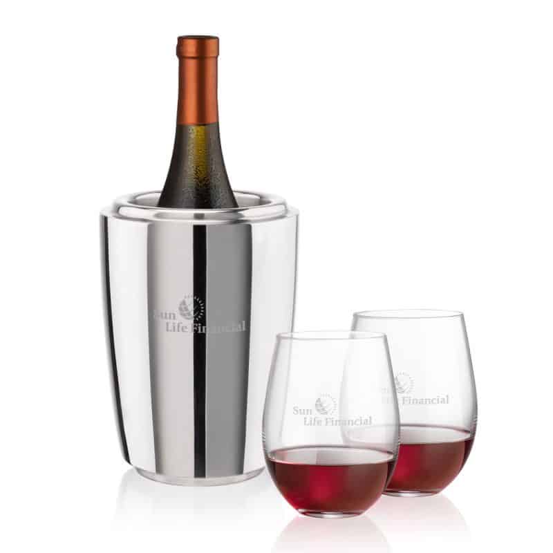 Custom Pescara Wine Cooler & Redmond Stemless Wine Set with Company Logo - Personalized Bulk Corporate Gift