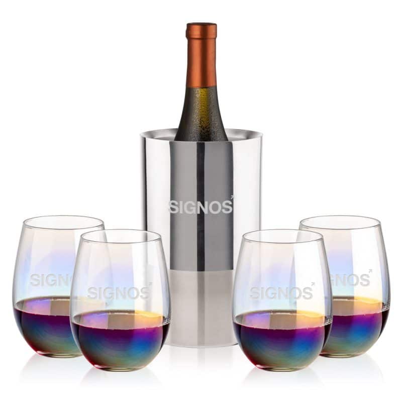 Custom Catania Wine Cooler & Miami Stemless Wine Set with Company Logo - Personalized Bulk Corporate Gift - 2