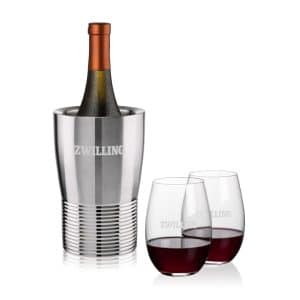 Custom Genoa Wine Cooler & Laurent Stemless Wine Set with Company Logo - Personalized Bulk Corporate Gift