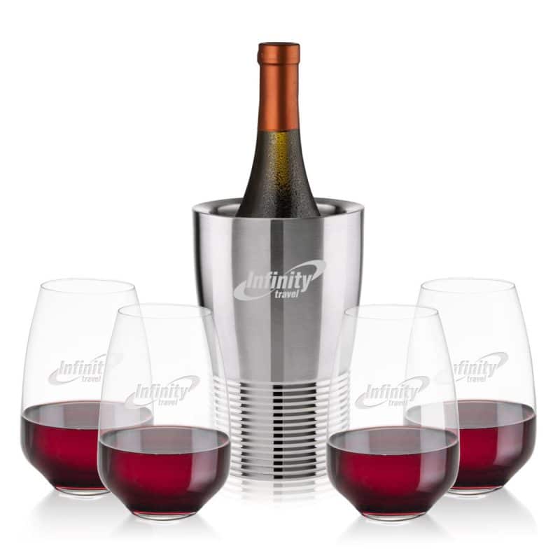 Custom Genoa Wine Cooler & Oldham Stemless Wine Set with Company Logo - Personalized Bulk Corporate Gift - 2
