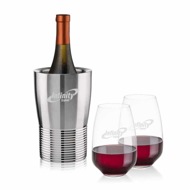 Custom Genoa Wine Cooler & Oldham Stemless Wine Set with Company Logo - Personalized Bulk Corporate Gift