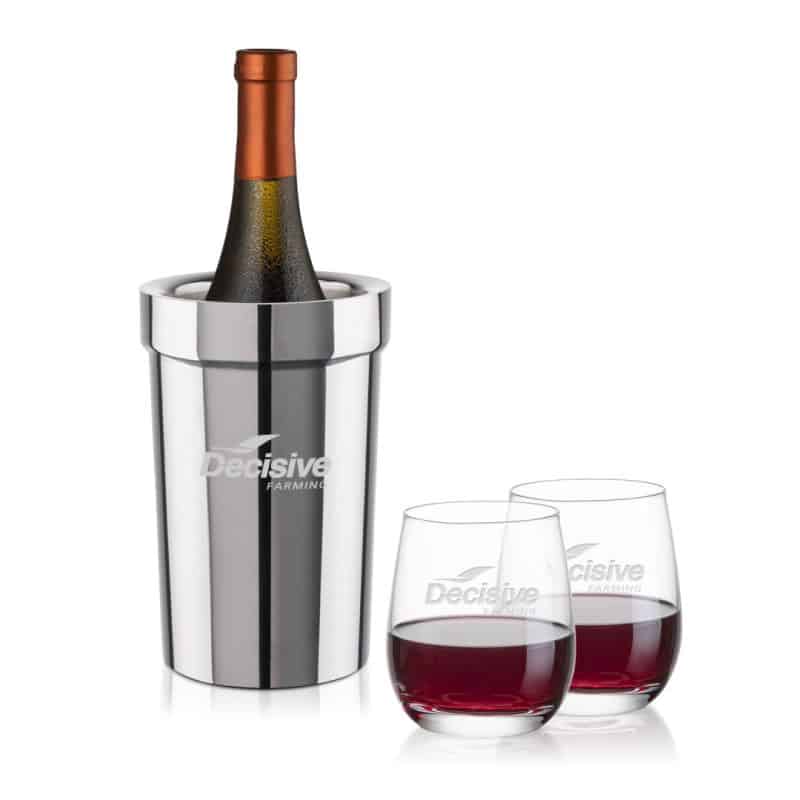Custom Milano Wine Cooler & Salem Stemless Wine Set with Company Logo - Personalized Bulk Corporate Gift