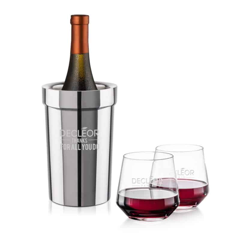 Custom Milano Wine Cooler & Tucson Stemless Wine Set with Company Logo - Personalized Bulk Corporate Gift