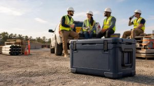 Rugged custom hard cooler in front of a construction crew taking a worksite break