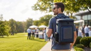 Professional wearing a custom cooler backpack at an outdoor corporate event