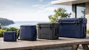 Four custom cooler sizes arranged from a compact lunch cooler to a large hard-sided cooler
