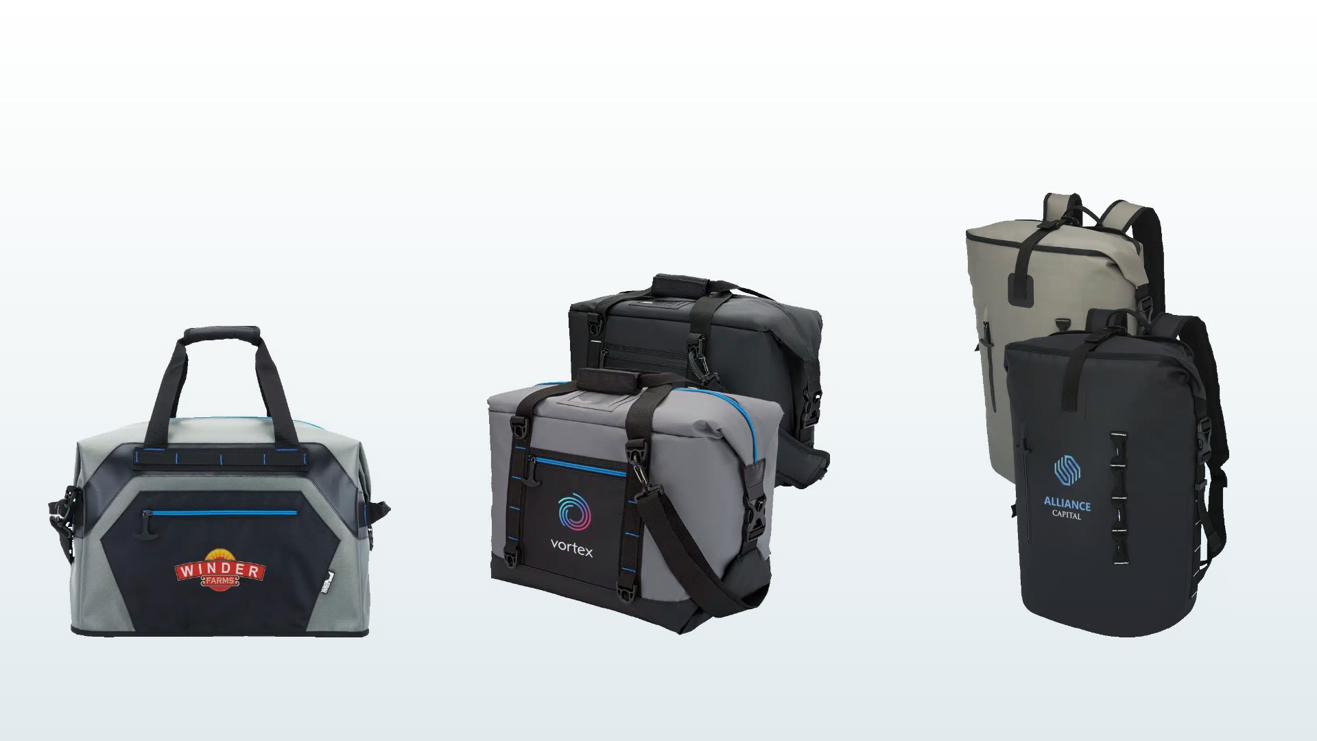 Three custom Urban Peak coolers with company logos - a waterproof tote, a collapsible cooler and a roll-top backpack cooler