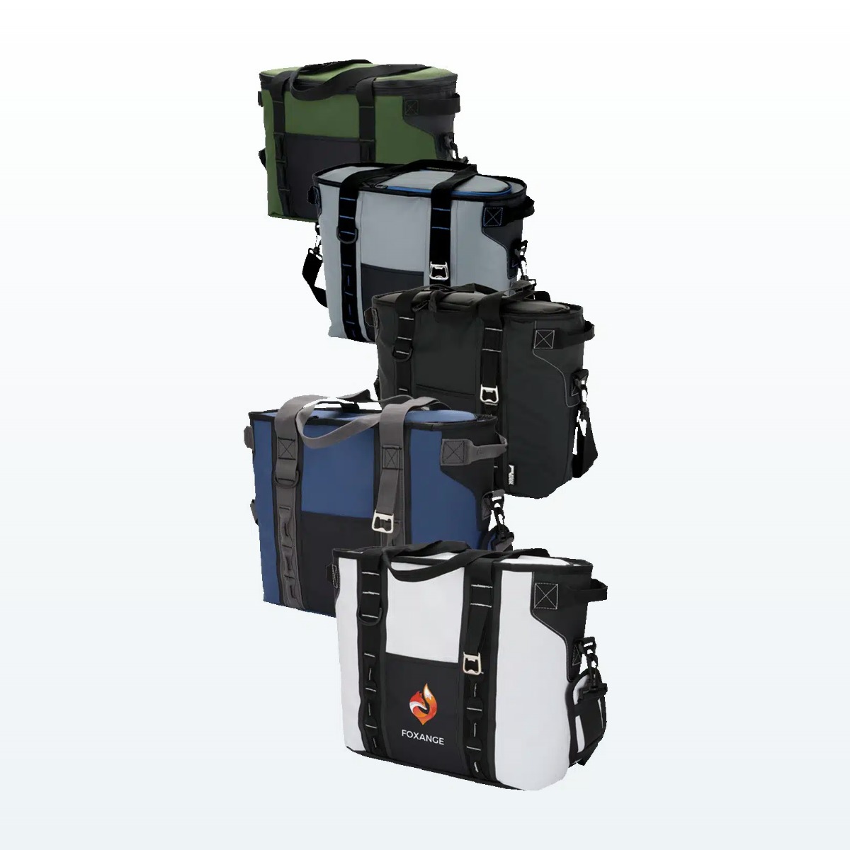 Custom Urban Peak waterproof hinge coolers shown in four colorways with a company logo
