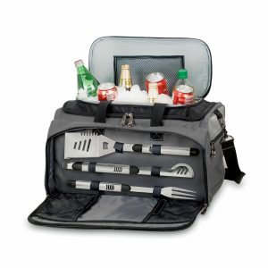 Custom Buccaneer All-In-One BBQ Grill/Cooler/Tote w/Charcoal Grill & BBQ Tools with Company Logo - Personalized Bulk Corporate Gift