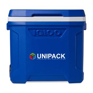 Custom Igloo Profile II 28 Qt Roller Cooler - White-Majestic Blue with Company Logo - Personalized Bulk Corporate Gift