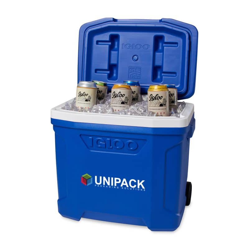 Custom Igloo Profile II 28 Qt Roller Cooler - White-Majestic Blue with Company Logo - Personalized Bulk Corporate Gift - 4