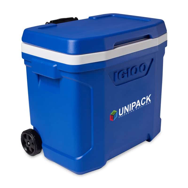 Custom Igloo Profile II 28 Qt Roller Cooler - White-Majestic Blue with Company Logo - Personalized Bulk Corporate Gift - 7
