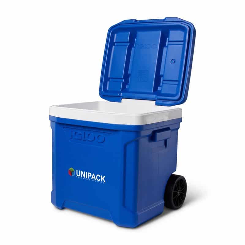 Custom Igloo Profile II 60 Qt Roller Cooler - White-Majestic Blue with Company Logo - Personalized Bulk Corporate Gift - 4