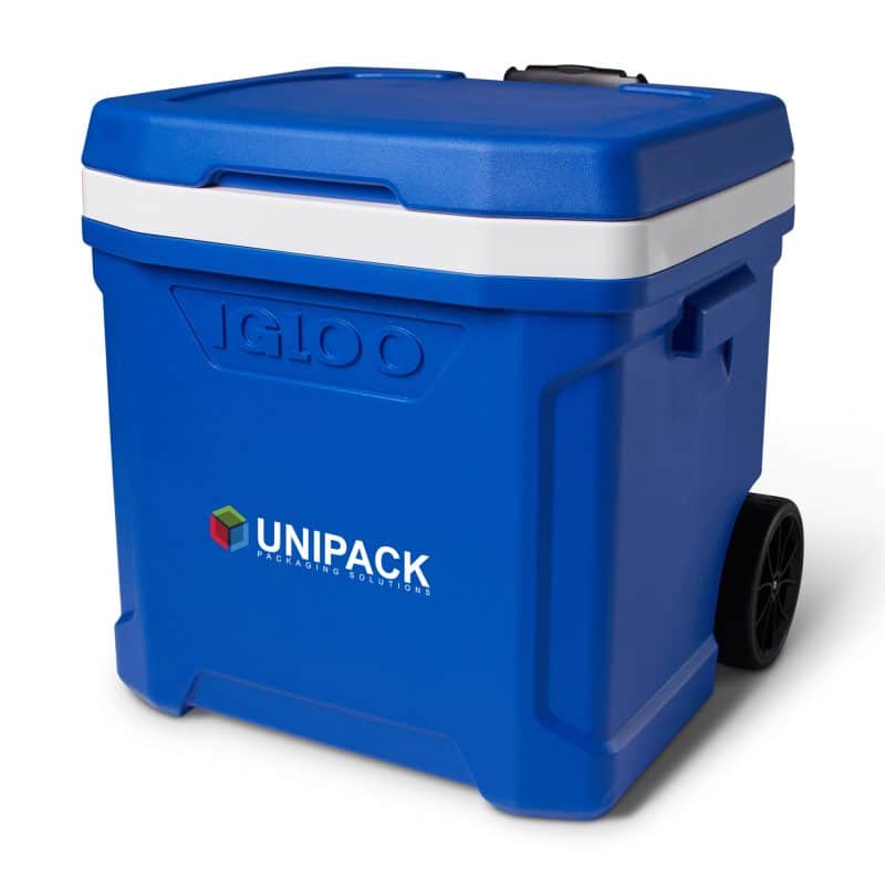 Custom Igloo Profile II 60 Qt Roller Cooler - White-Majestic Blue with Company Logo - Personalized Bulk Corporate Gift - 6