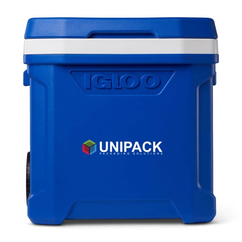 Custom Igloo Profile II 60 Qt Roller Cooler - White-Majestic Blue with Company Logo - Personalized Bulk Corporate Gift