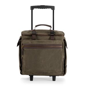 Custom Somm 12 Bottle Wine Tote with wheels- Khaki/Brown with Company Logo - Personalized Bulk Corporate Gift